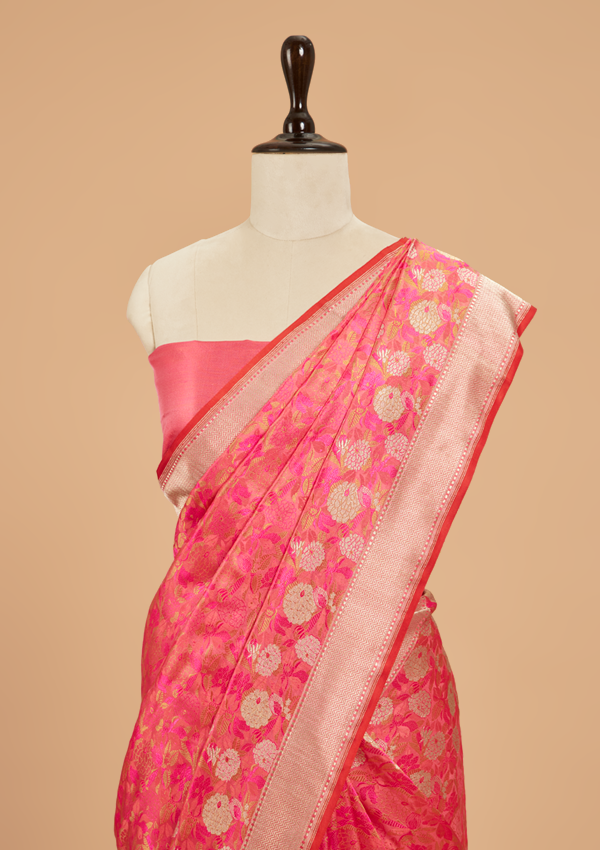 Strawberry Pink Butta Saree in Silk