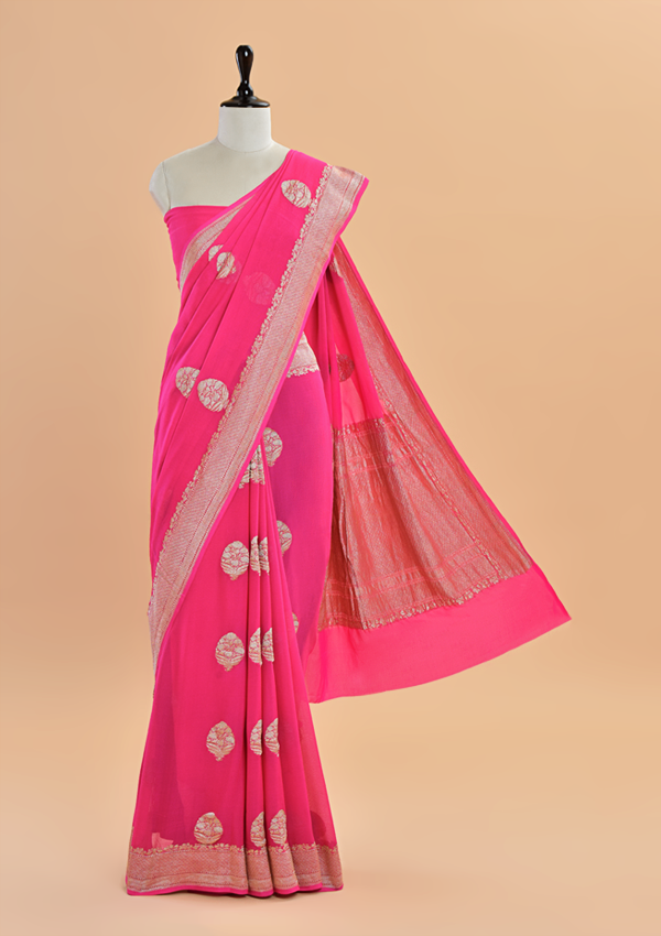 Strawberry Pink Butta Saree In Georgette