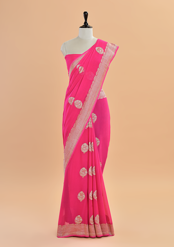 Strawberry Pink Butta Saree In Georgette
