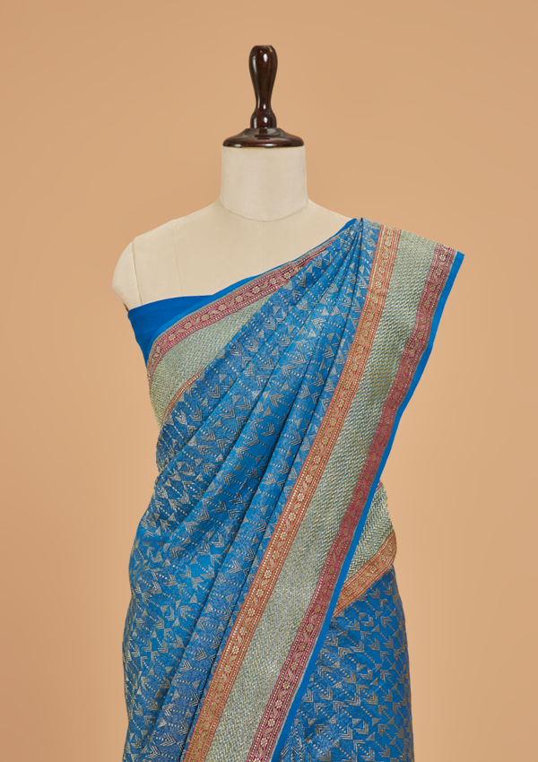 Royal Blue Brocade Saree in Georgette