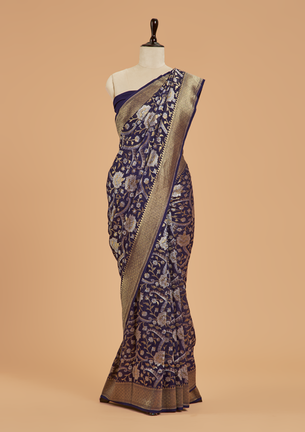 Navy Blue Jaal Saree in  Georgette