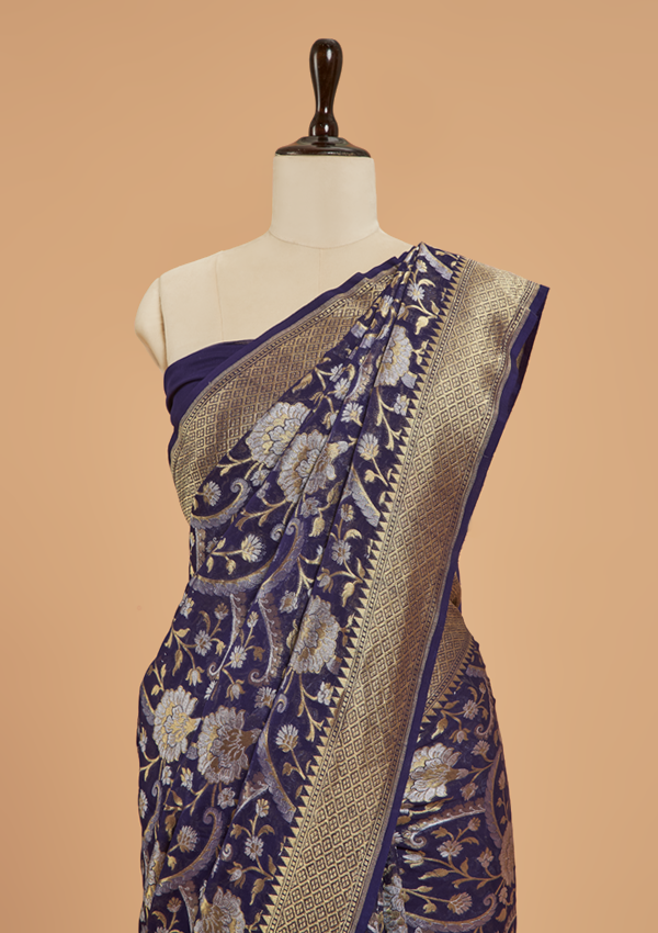 Navy Blue Jaal Saree in  Georgette