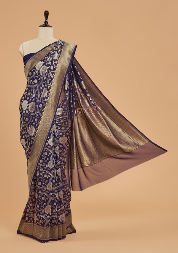 Navy Blue Jaal Saree in  Georgette