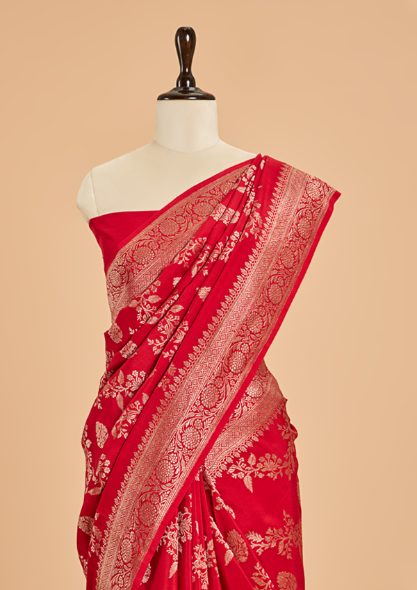Red Lehariya Saree in Muslin Silk