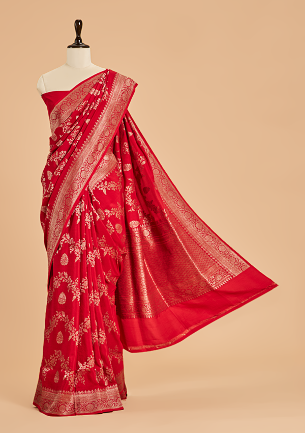 Red Lehariya Saree in Muslin Silk