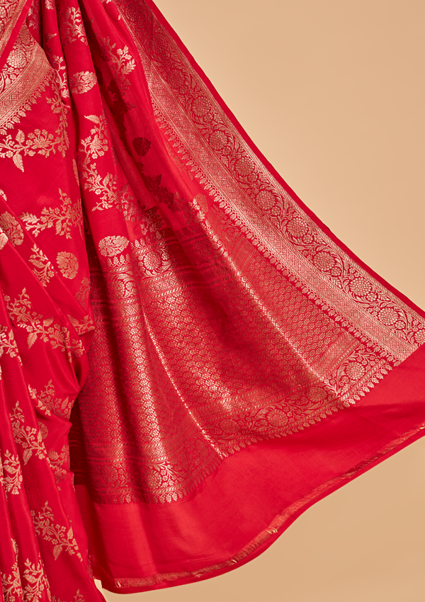 Red Lehariya Saree in Muslin Silk