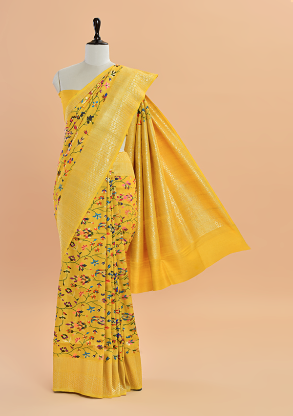 Mustard Yellow Jaal Saree in Georgette Tussar