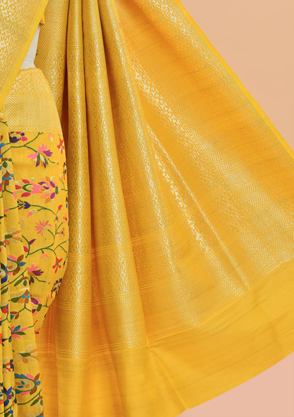 Mustard Yellow Jaal Saree in Georgette Tussar
