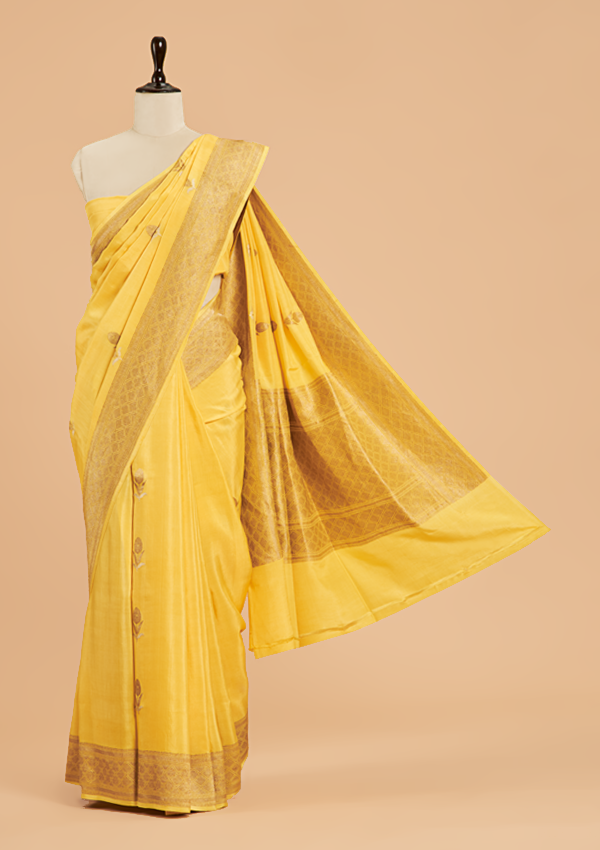 Yellow Butta Saree In Muslin Silk