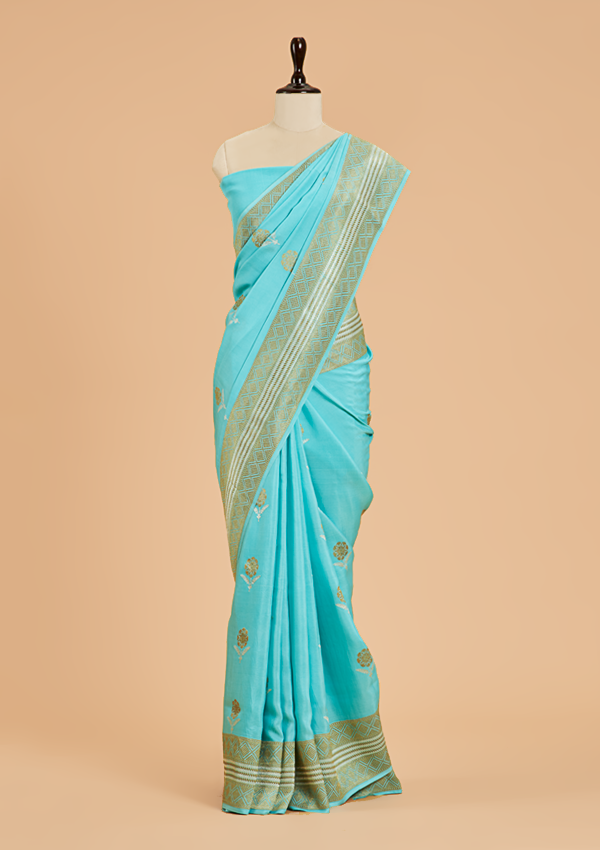 Firozi Butta Saree In Muslin Silk