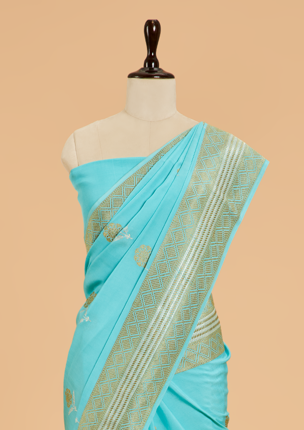 Firozi Butta Saree In Muslin Silk