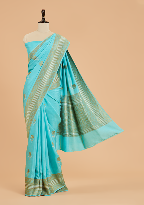 Firozi Butta Saree In Muslin Silk