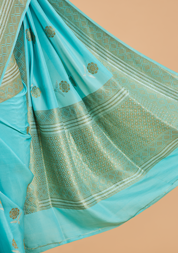 Firozi Butta Saree In Muslin Silk