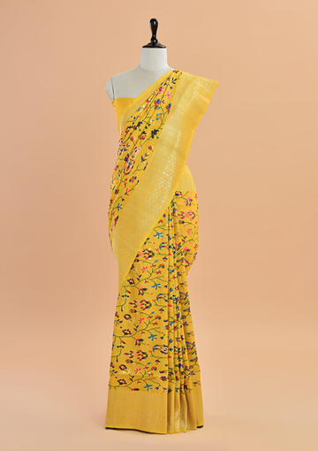 Mustard Yellow Jaal Saree in Georgette Tussar
