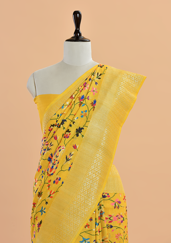 Mustard Yellow Jaal Saree in Georgette Tussar