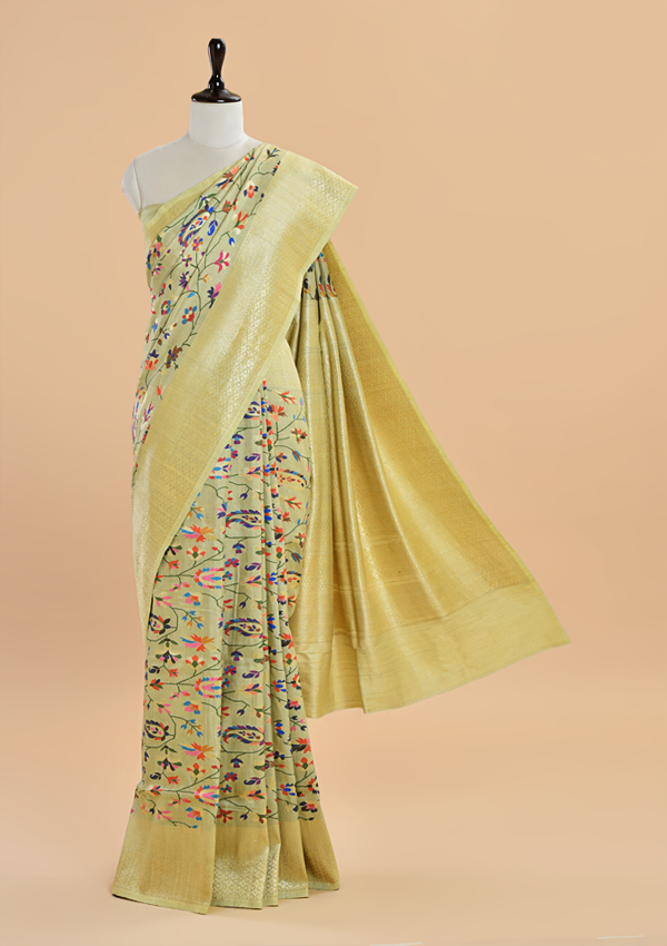 Olive Green Jaal Saree in Georgette Tussar
