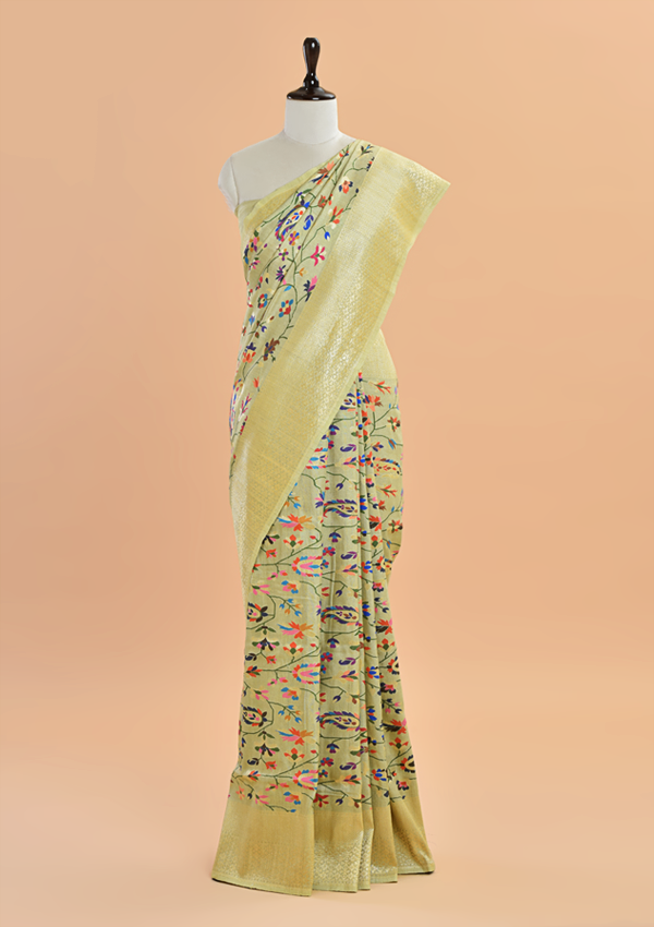 Olive Green Jaal Saree in Georgette Tussar