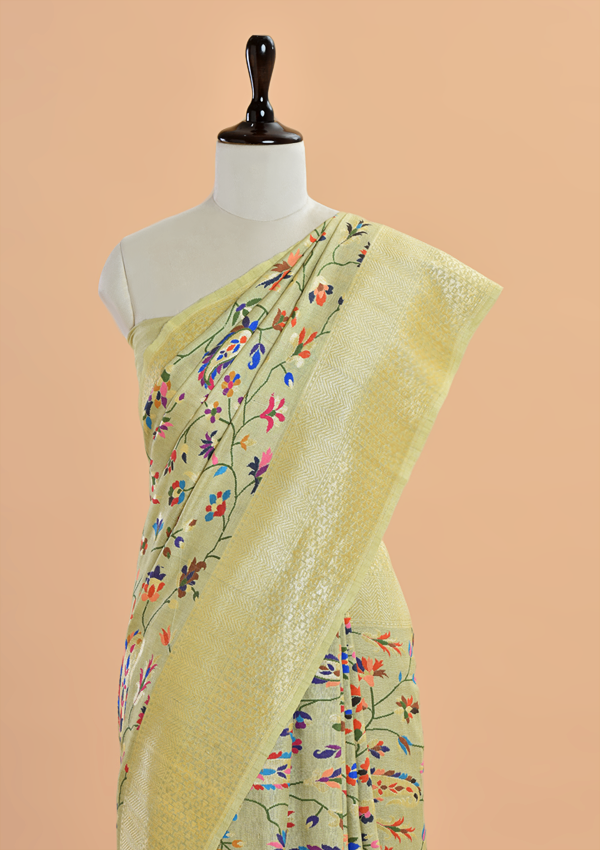 Olive Green Jaal Saree in Georgette Tussar