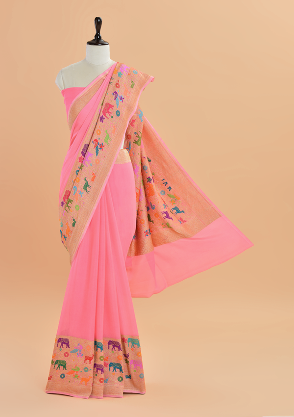 Peach Plain Saree in Georgette