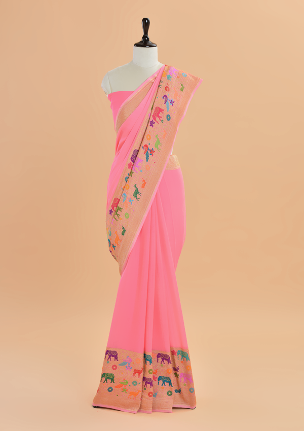 Peach Plain Saree in Georgette