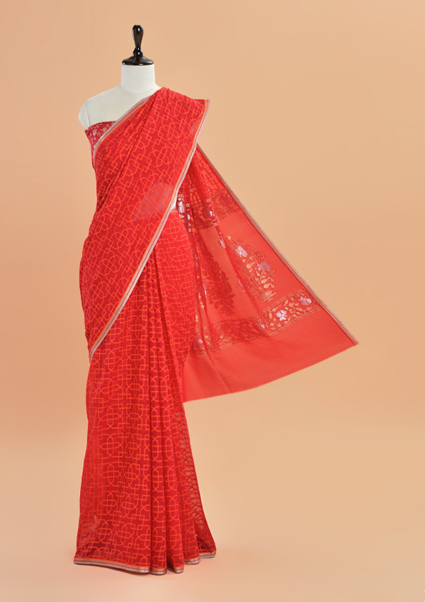 Red Jaal Saree In Georgette