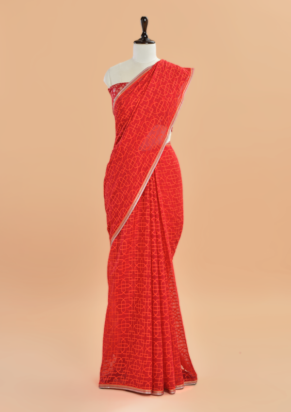 Red Jaal Saree In Georgette