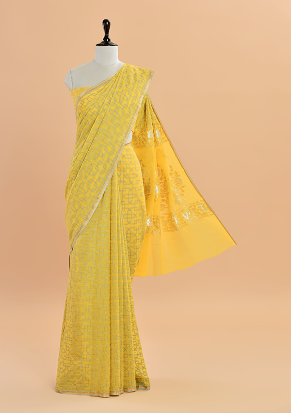 Yellow Jaal Saree In Georgette