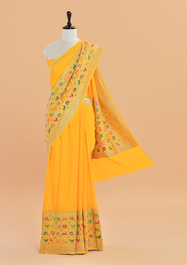 Yellow Plain Saree in Georgette