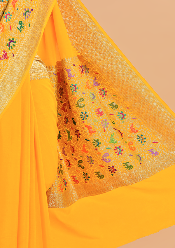 Yellow Plain Saree in Georgette