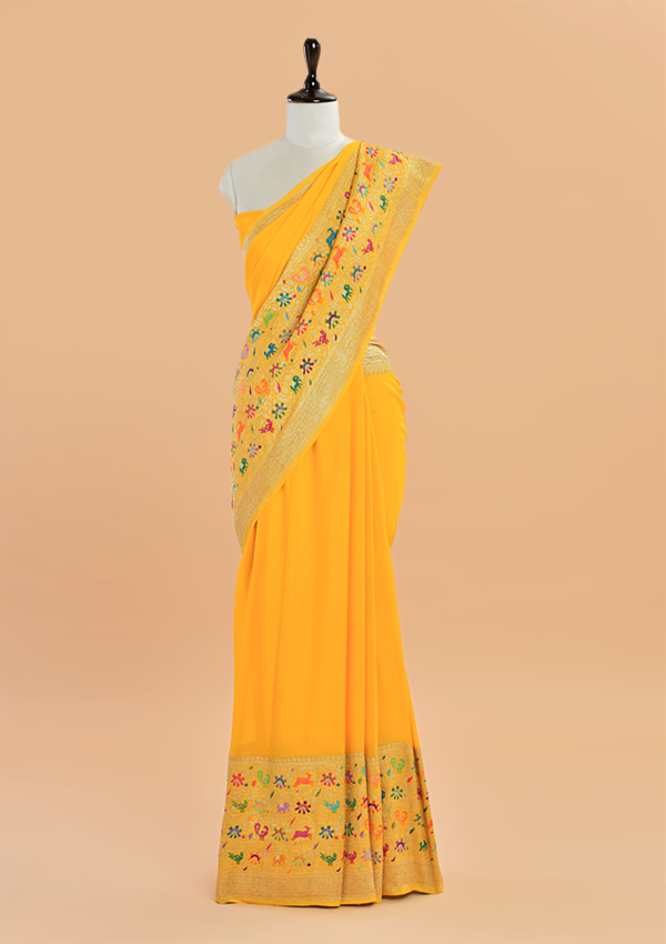 Yellow Plain Saree in Georgette