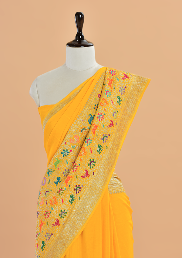 Yellow Plain Saree in Georgette