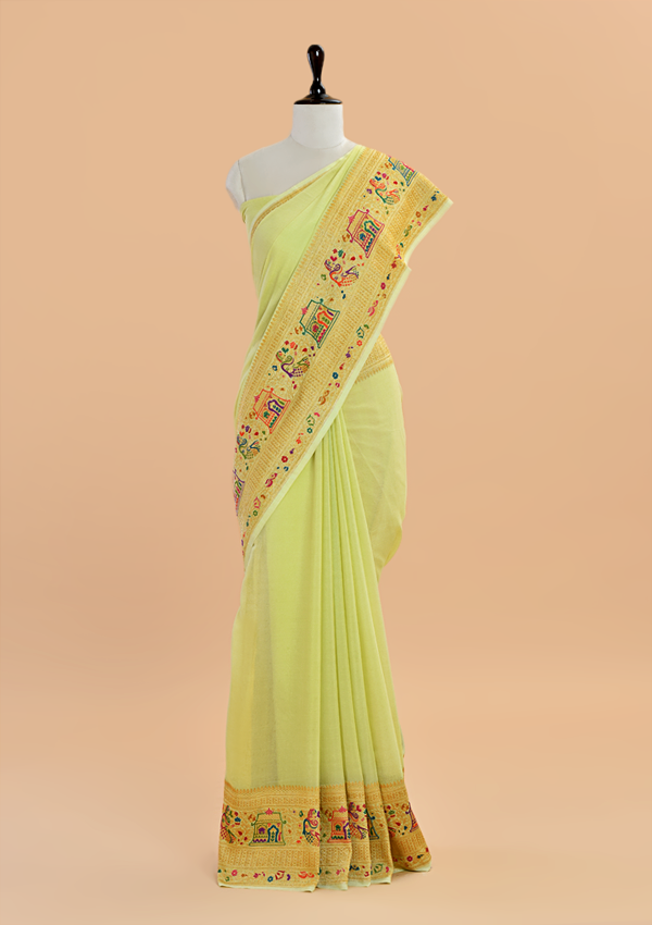 Lime Green Plain Saree in Georgette