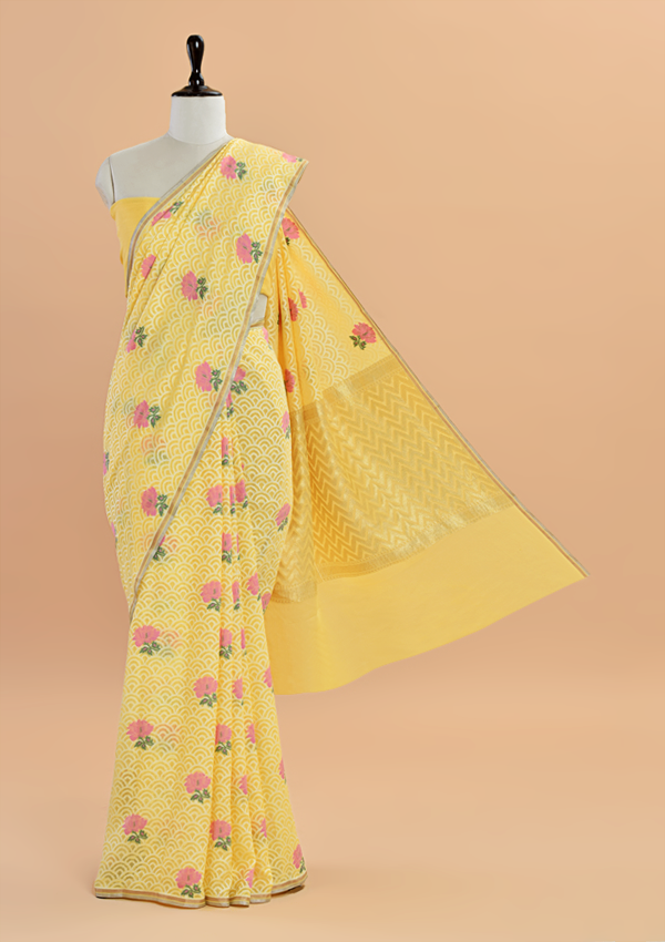 Lemon Yellow Butta Saree In Georgette