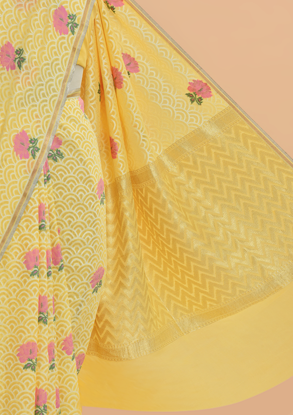 Lemon Yellow Butta Saree In Georgette