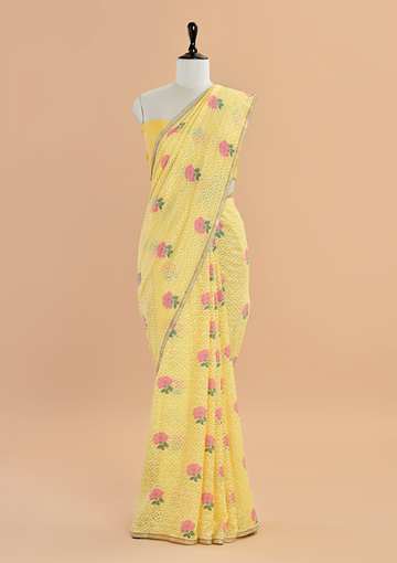 Lemon Yellow Butta Saree In Georgette