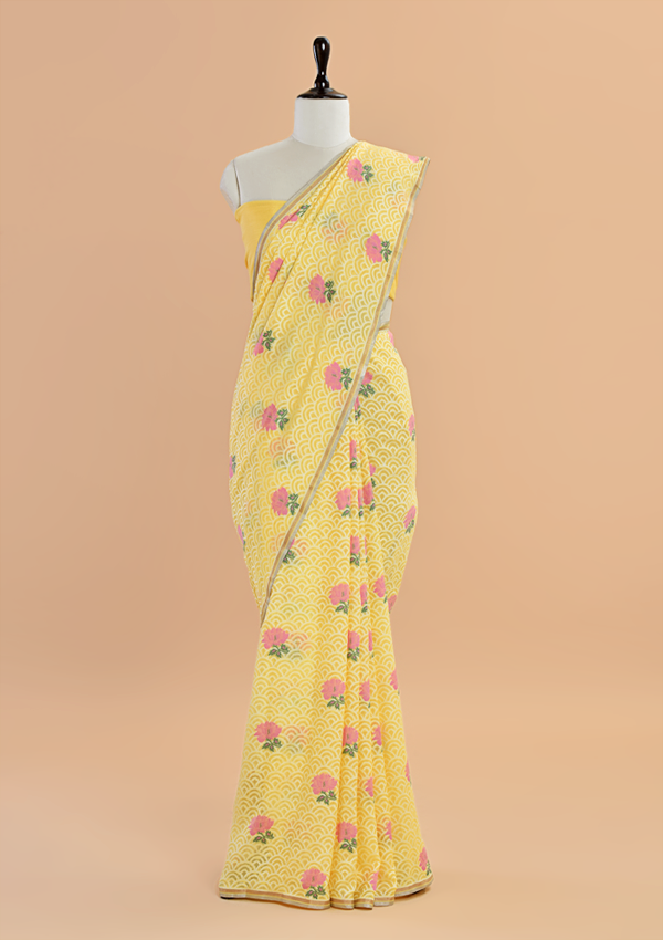 Lemon Yellow Butta Saree In Georgette