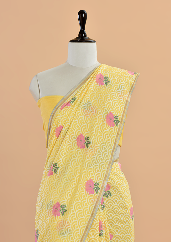 Lemon Yellow Butta Saree In Georgette