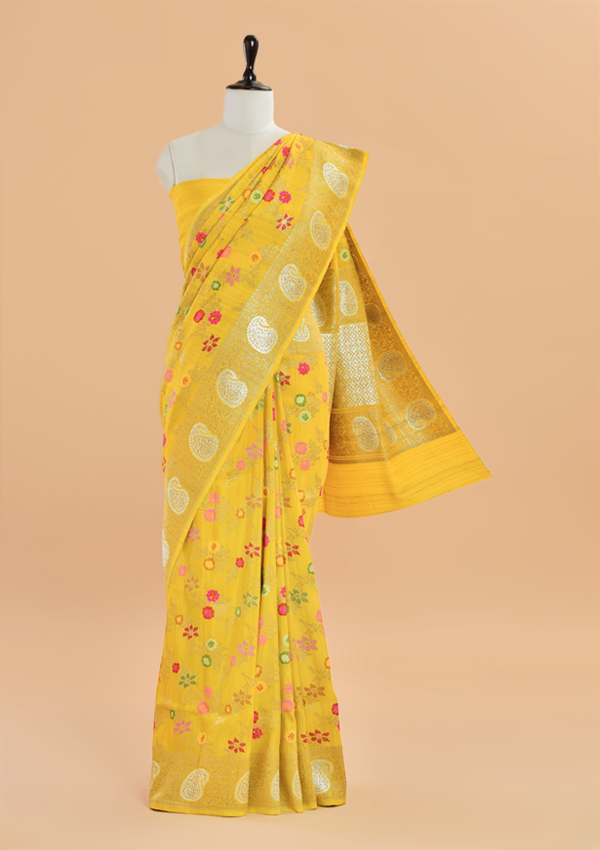 Mustard Yellow Jaal Saree in Georgette Tussar