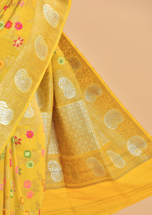 Mustard Yellow Jaal Saree in Georgette Tussar