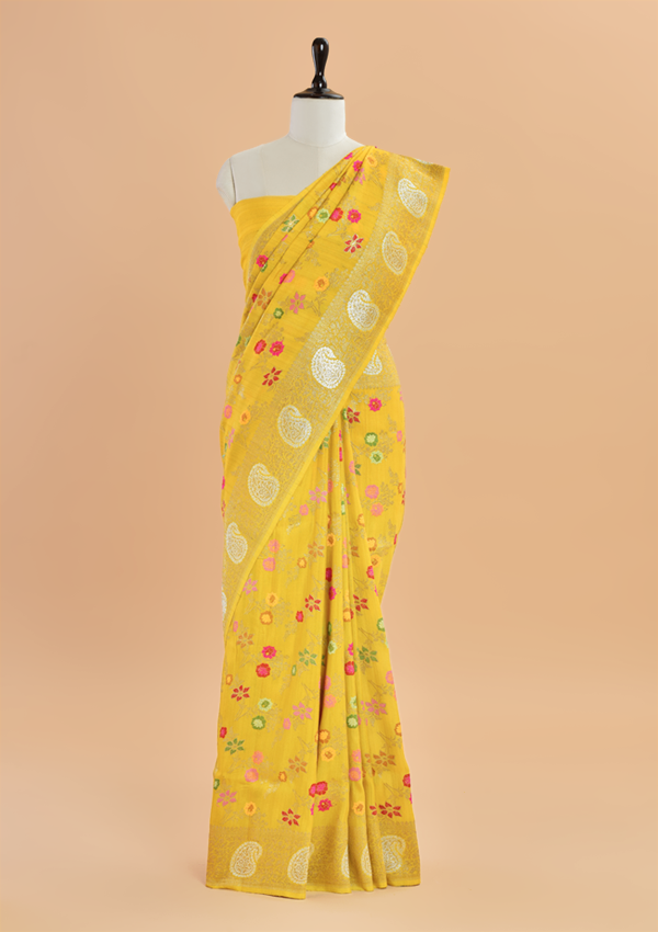 Mustard Yellow Jaal Saree in Georgette Tussar