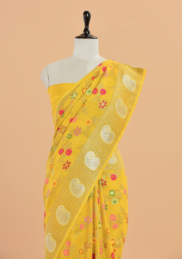 Mustard Yellow Jaal Saree in Georgette Tussar