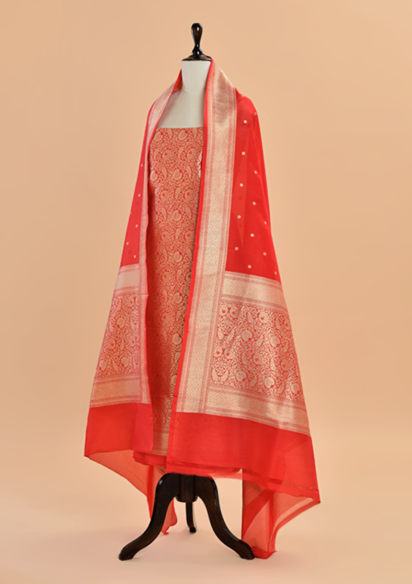 Tomato Red Brocade Dress in Silk