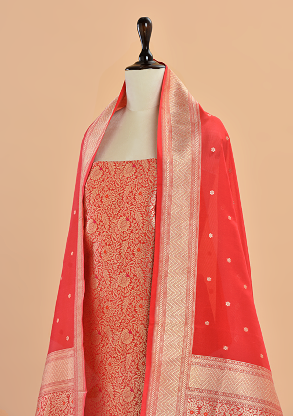 Tomato Red Brocade Dress in Silk