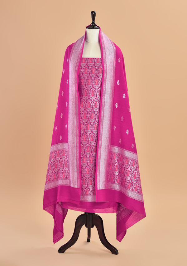 Magenta Pink Brocade Dress in Georgette Tussar