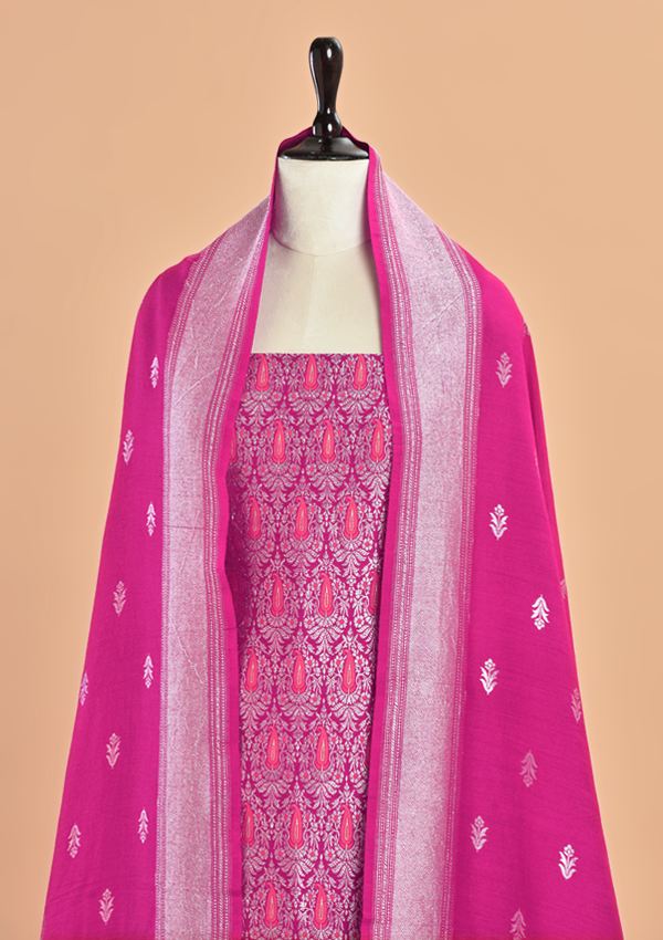 Magenta Pink Brocade Dress in Georgette Tussar