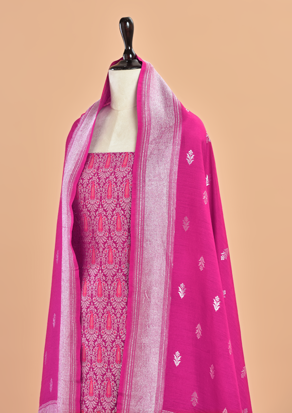 Magenta Pink Brocade Dress in Georgette Tussar