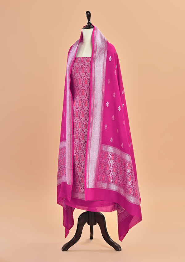 Magenta Pink Brocade Dress in Georgette Tussar