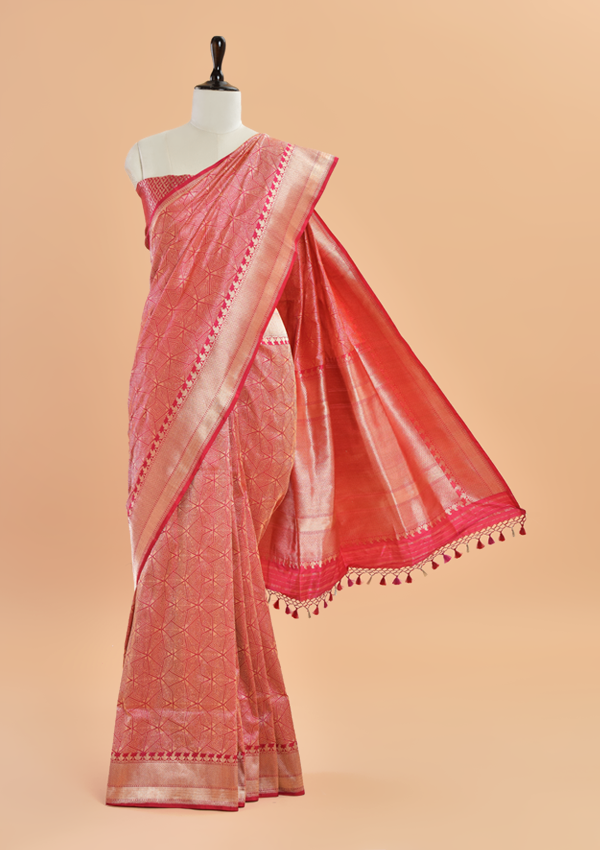 Strawberry Pink Brocade Saree in Silk