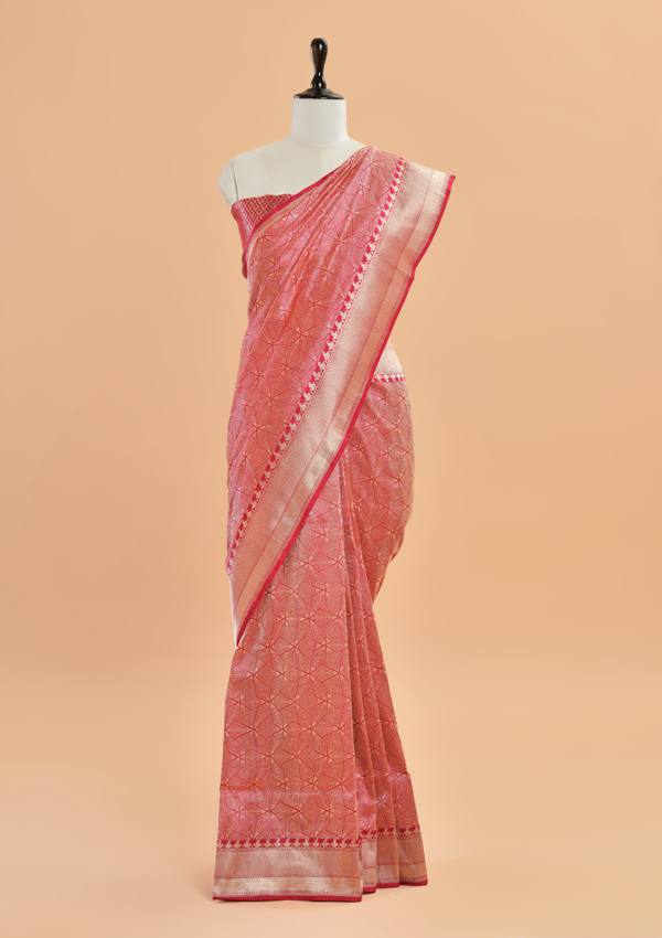Strawberry Pink Brocade Saree in Silk