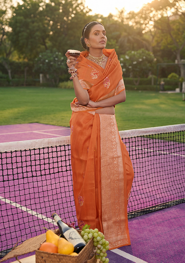 Orange Butta Saree in Georgette Tussar
